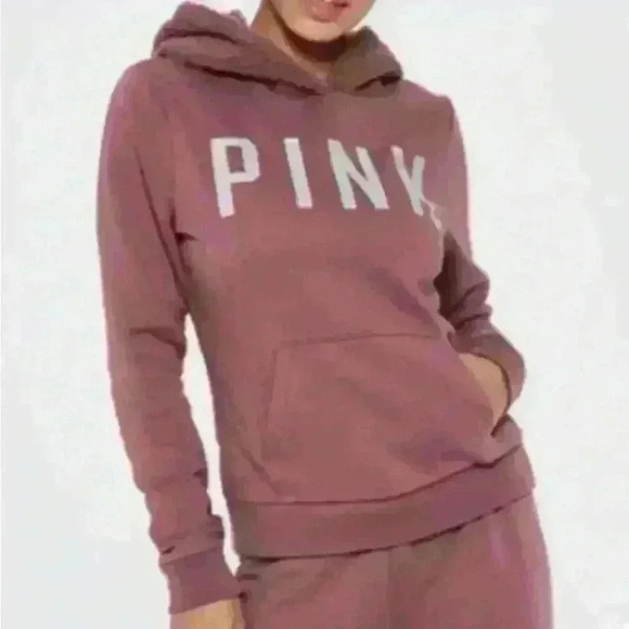 Victoria Secret Pink Glitter Logo Sherpa Lined Rose Pink Hoodie  S - Picture 2 of 7